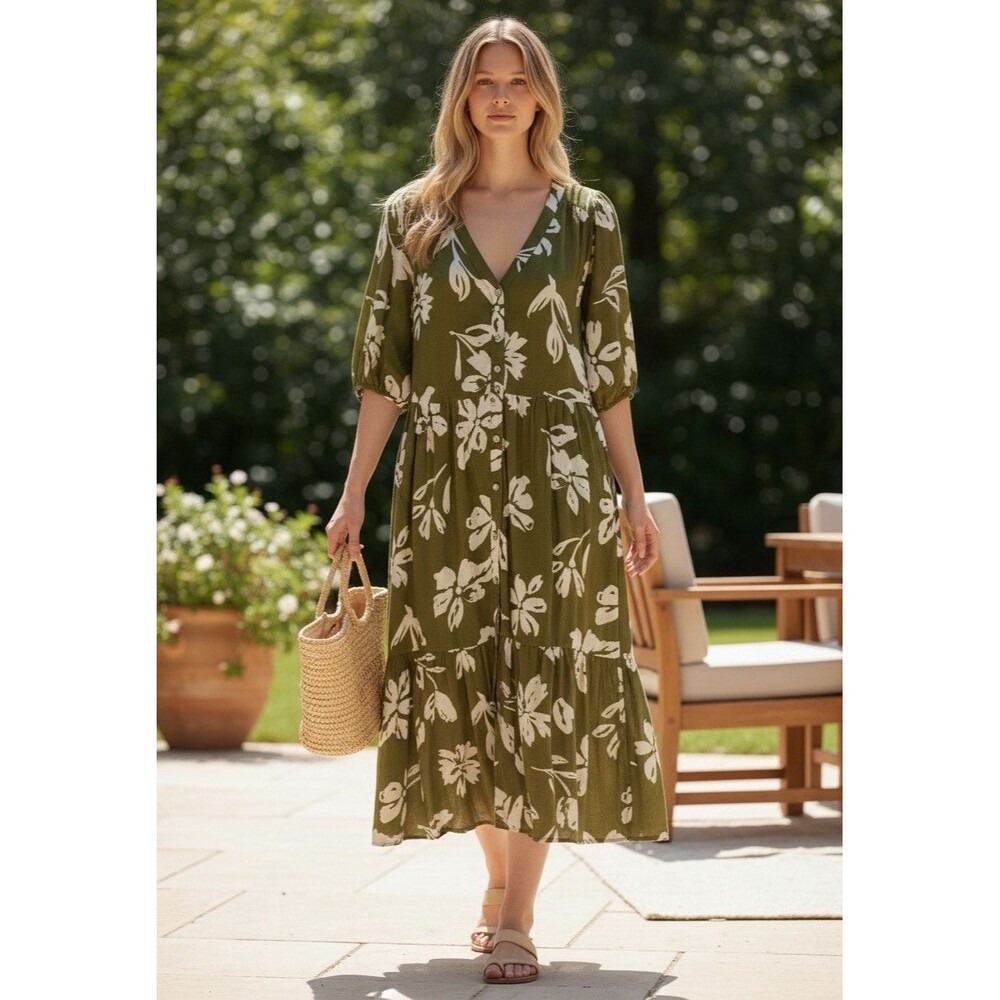 NWT Sonoma Goods for Life Petite Medium Olive Floral Button Front Tiered Midi